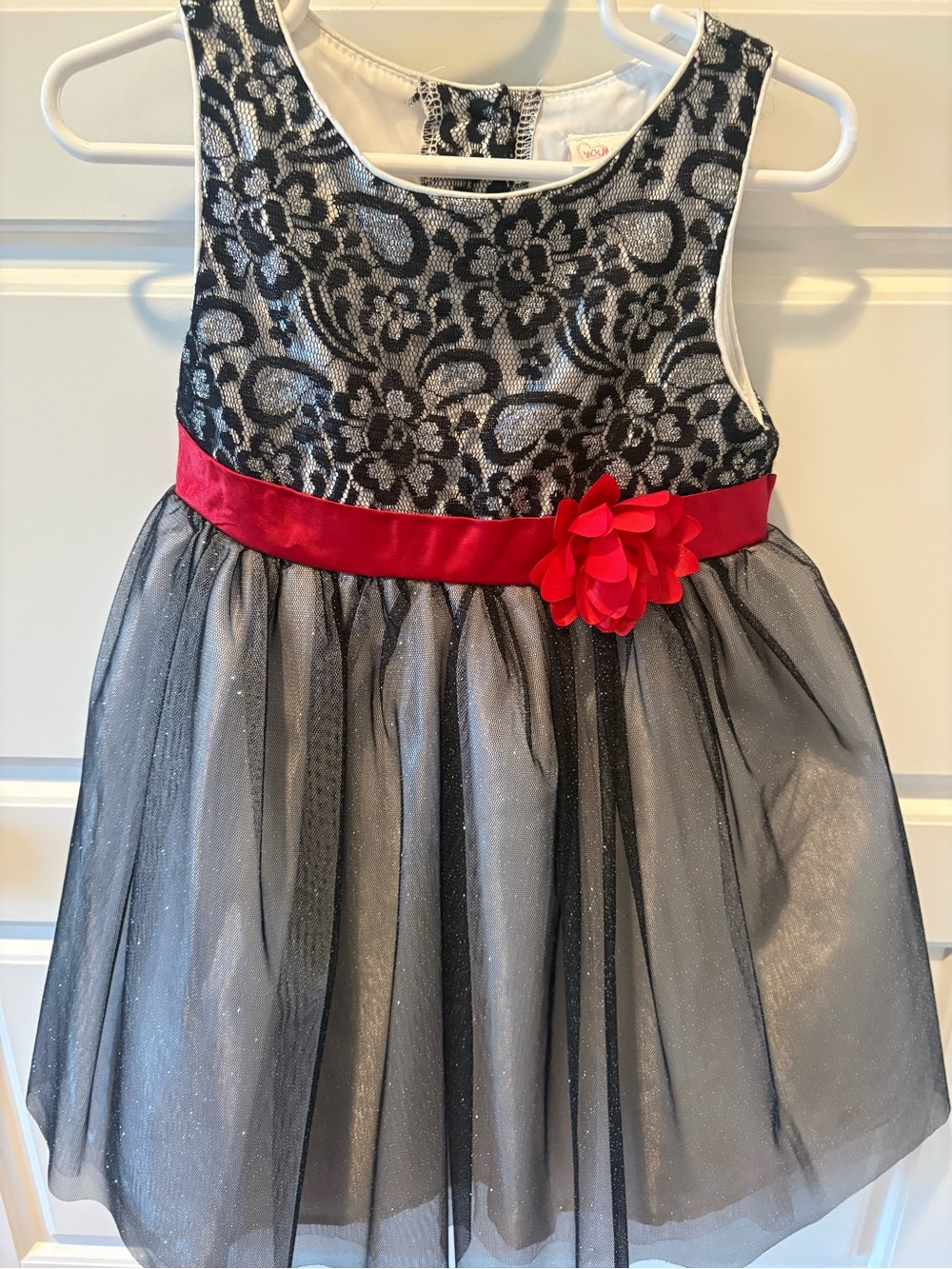 Youngland Dress Size 4T Dressy Tulle W/ Lace Top & Red Satin Sash